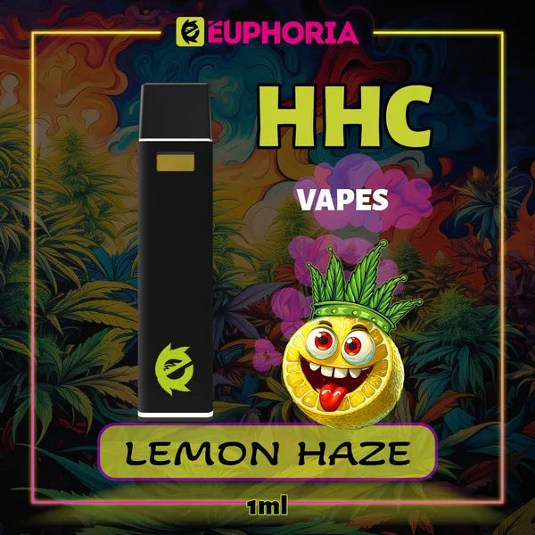 Un HHC Vape de la E-Euphoria România, conținând 1ml cu 95% HHC și miros de terpene Lemon Haze, aromă de lămâie pentru un efect înălțător, relaxant.