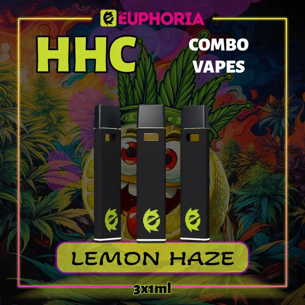 Trei HHC Vape de la E-Euphoria România, conținând 1ml cu 95% HHC și miros de terpene Lemon Haze, aromă de lămâie pentru un efect înălțător, relaxant.