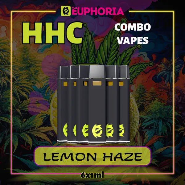 Şase HHC Vape de la E-Euphoria România, conținând 1ml cu 95% HHC și miros de terpene Lemon Haze, aromă de lămâie pentru un efect înălțător, relaxant.