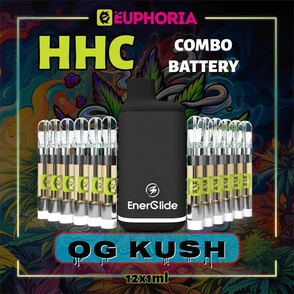 Doisprezece HHC Cartuș Vape + Battery de la E-Euphoria România, conținând 1ml cu 95% HHC și miros de terpene OG KUSH, cu aromă de pin pentru un efect euforic, relaxant.