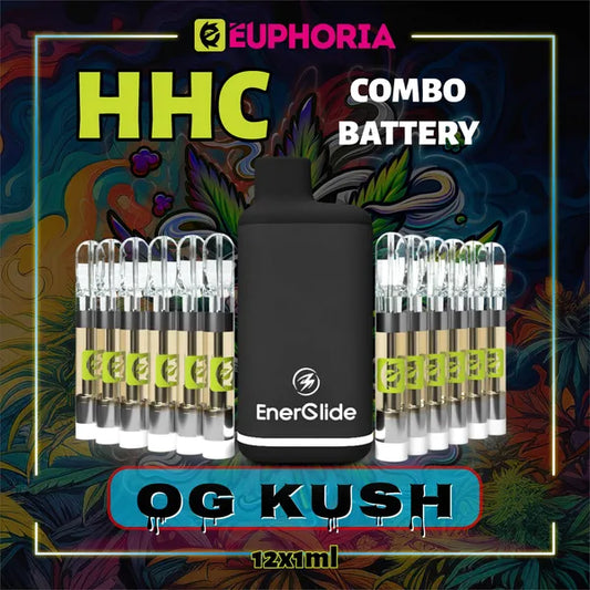 Doisprezece HHC Cartuș Vape + Battery de la E-Euphoria România, conținând 1ml cu 95% HHC și miros de terpene OG KUSH, cu aromă de pin pentru un efect euforic, relaxant.