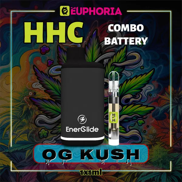 Un HHC Cartuș Vape + Battery de la E-Euphoria România, conținând 1ml cu 95% HHC și miros de terpene OG KUSH, aromă de pin pentru un efect euforic, relaxant.