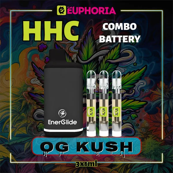 Trei HHC Cartuș Vape + Battery de la E-Euphoria România, conținând 1ml cu 95% HHC și miros de terpene OG KUSH, aromă de pin pentru un efect euforic, relaxant.