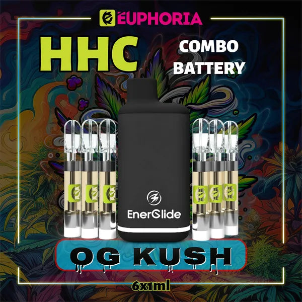 Şase HHC Cartuș Vape + Battery de la E-Euphoria România, conținând 1ml cu 95% HHC și miros de terpene OG KUSH, aromă de pin pentru un efect euforic, relaxant.