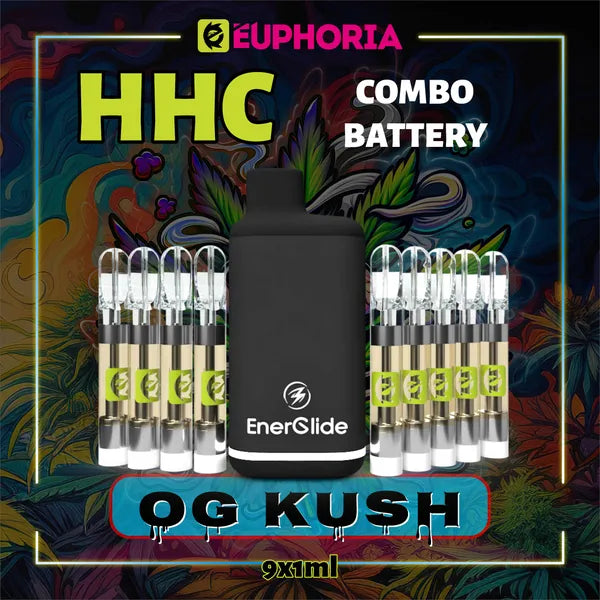 Nouă HHC Cartuș Vape + Battery de la E-Euphoria România, conținând 1ml cu 95% HHC și miros de terpene OG KUSH, aromă de pin pentru un efect euforic, relaxant.