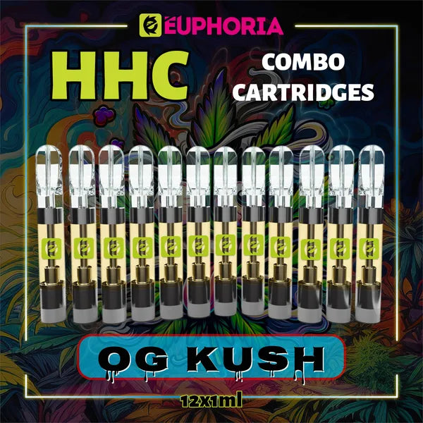 Doisprezece HHC Cartuș Vape de la E-Euphoria România, conținând 1ml cu 95% HHC și miros de terpene OG KUSH, aromă de pin pentru un efect euforic, relaxant.