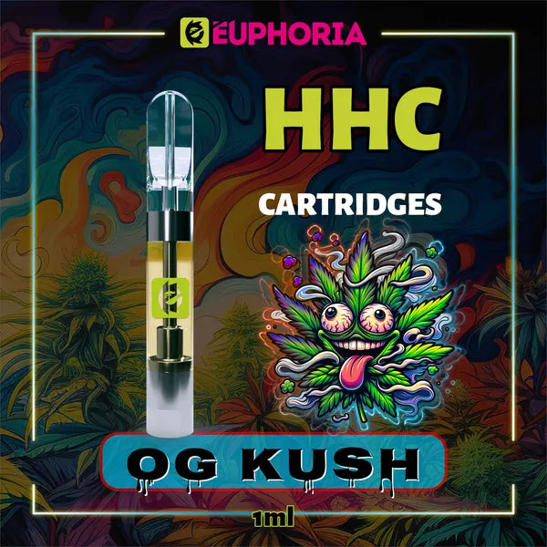 Un HHC Cartuș Vape de la E-Euphoria România, conținând 1ml cu 95% HHC și miros de terpene OG KUSH, aromă de pin pentru un efect euforic, relaxant.