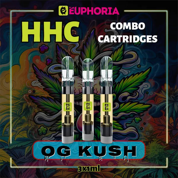 Trei HHC Cartuș Vape de la E-Euphoria România, conținând 1ml cu 95% HHC și miros de terpene OG KUSH, aromă de pin pentru un efect euforic, relaxant.