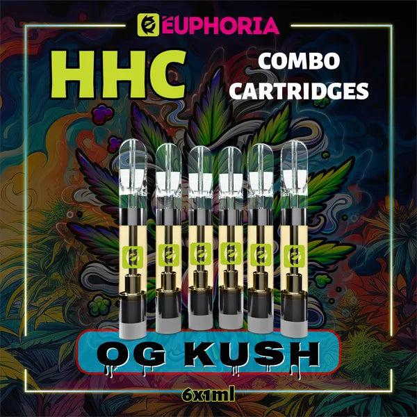 Şase HHC Cartuș Vape de la E-Euphoria România, conținând 1ml cu 95% HHC și miros de terpene OG KUSH, aromă de pin pentru un efect euforic, relaxant.