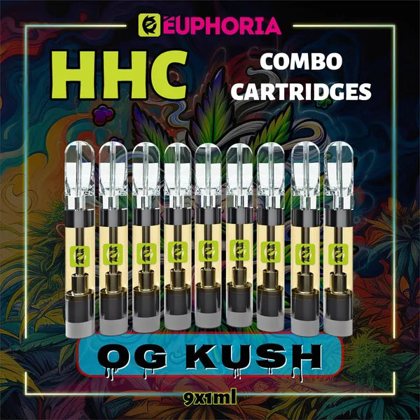 Nouă HHC Cartuș Vape de la E-Euphoria România, conținând 1ml cu 95% HHC și miros de terpene OG KUSH, aromă de pin pentru un efect euforic, relaxant.