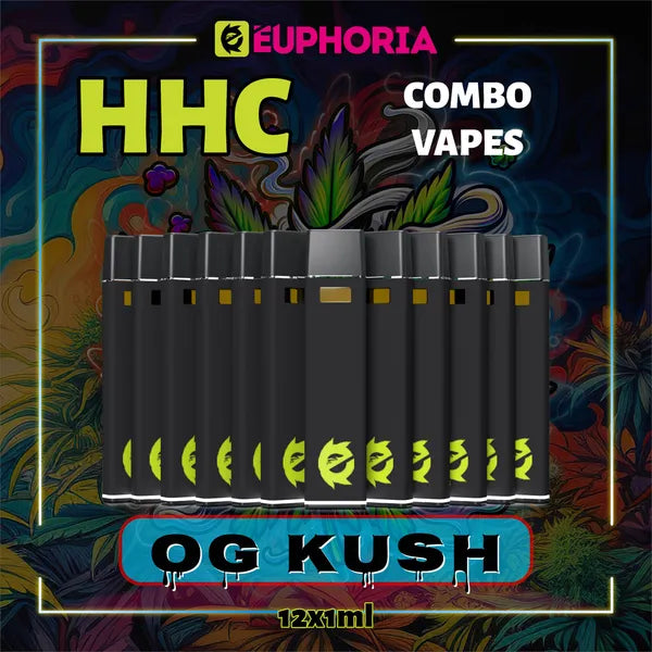 Doisprezece HHC Vape de la E-Euphoria România, conținând 1ml cu 95% HHC și miros de terpene OG KUSH, aromă de pin pentru un efect euforic, relaxant.