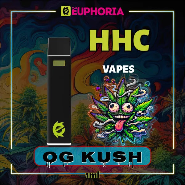 Un HHC Vape de la E-Euphoria România, conținând 1ml cu 95% HHC și miros de terpene OG KUSH, aromă de pin pentru un efect euforic, relaxant.