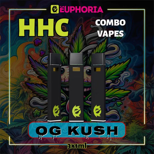 Trei HHC Vape de la E-Euphoria România, conținând 1ml cu 95% HHC și miros de terpene OG KUSH, aromă de pin pentru un efect euforic, relaxant.