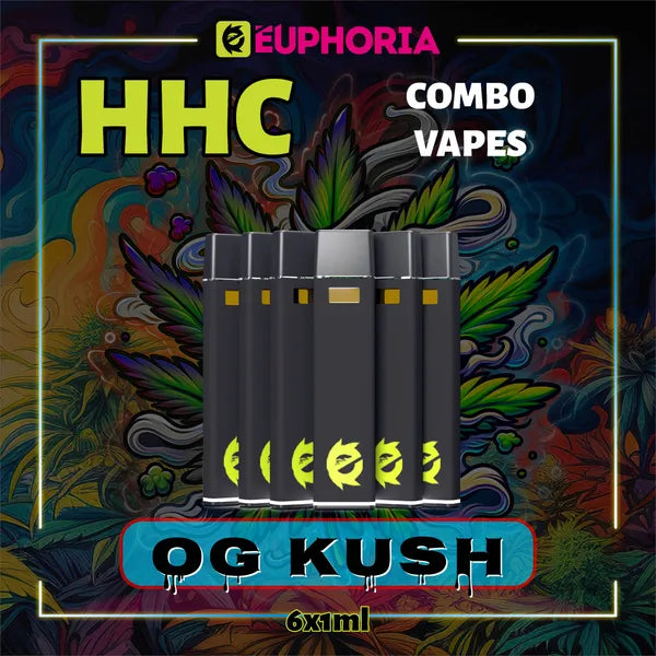 Şase HHC Vape de la E-Euphoria România, conținând 1ml cu 95% HHC și miros de terpene OG KUSH, cu aromă de pin pentru un efect euforic, relaxant.