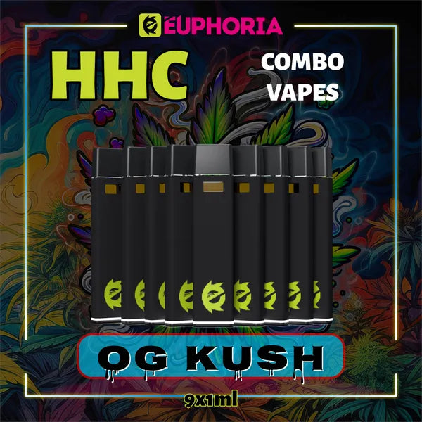 Nouă HHC Vape de la E-Euphoria România, conținând 1ml cu 95% HHC și miros de terpene OG KUSH, aromă de pin pentru un efect euforic, relaxant.