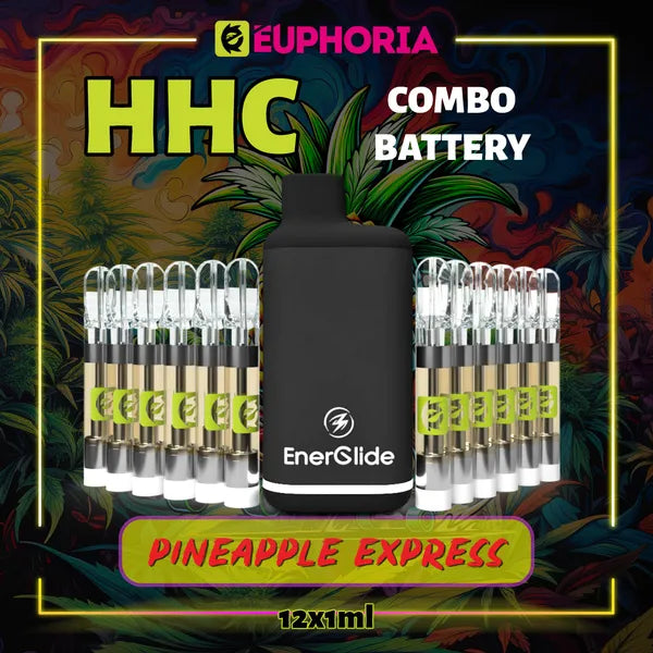 Doisprezece HHC Cartuș Vape + Battery de la E-Euphoria România, conținând 1ml cu 95% HHC și miros de terpene Pineapple Express, ananas și pin pământiu pentru un efect revigorant, creativ.