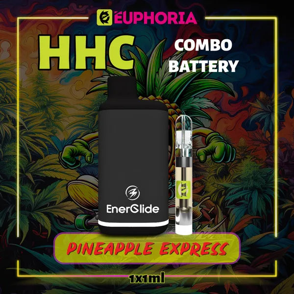 Un HHC Cartuș Vape + Battery de la E-Euphoria România, conținând 1ml cu 95% HHC și miros de terpene Pineapple Express, ananas și pin pământiu pentru un efect revigorant, creativ.