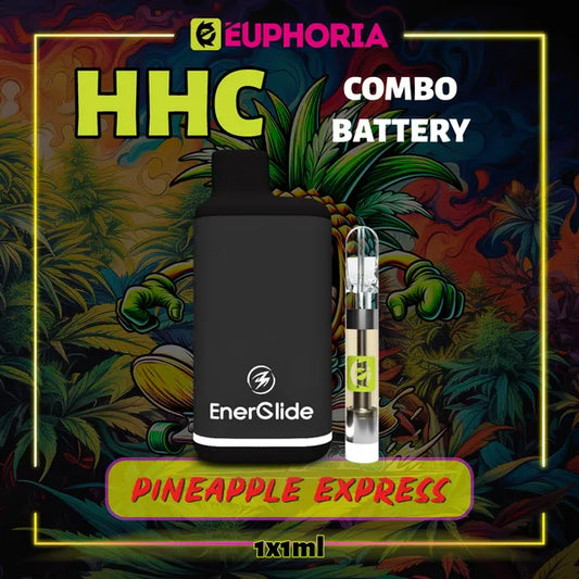 Un HHC Cartuș Vape + Battery de la E-Euphoria România, conținând 1ml cu 95% HHC și miros de terpene Pineapple Express, ananas și pin pământiu pentru un efect revigorant, creativ.