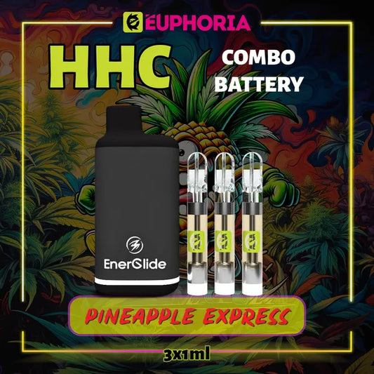 Trei HHC Cartuș Vape + Battery de la E-Euphoria România, conținând 1ml cu 95% HHC și miros de terpene Pineapple Express, ananas și pin pământiu pentru un efect revigorant, creativ.