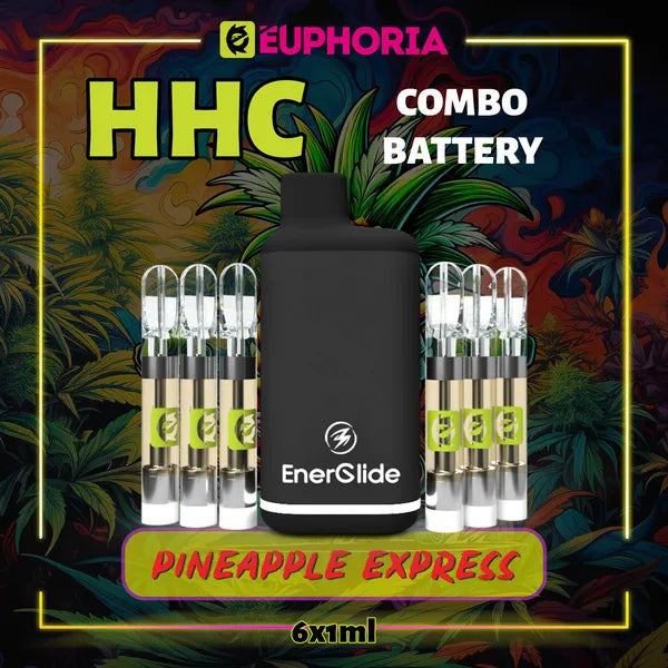 Şase HHC Cartuș Vape + Battery de la E-Euphoria România, conținând 1ml cu 95% HHC și miros de terpene Pineapple Express, ananas și pin pământiu pentru un efect revigorant, creativ.