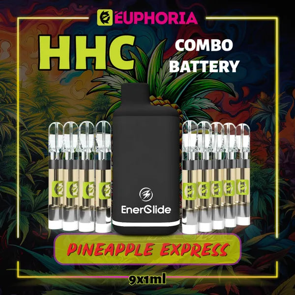 Nouă HHC Cartuș Vape + Battery de la E-Euphoria România, conținând 1ml cu 95% HHC și miros de terpene Pineapple Express, ananas și pin pământiu pentru un efect revigorant, creativ.