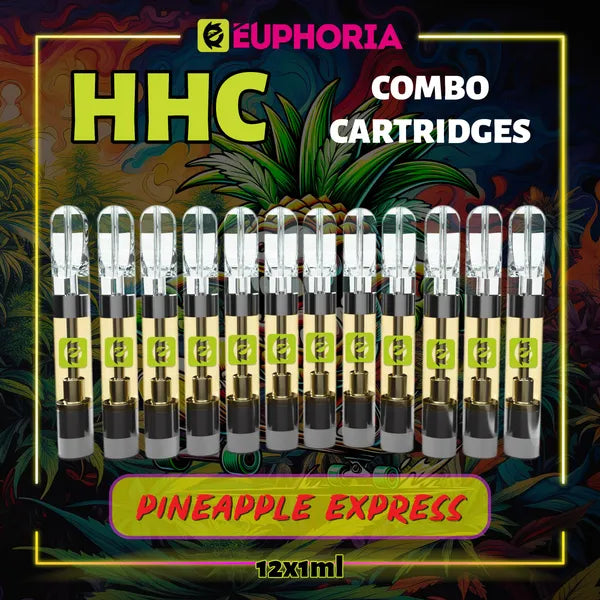 Doisprezece HHC Cartuș Vape de la E-Euphoria România, conținând 1ml cu 95% HHC și miros de terpene Pineapple Express, ananas și pin pământiu pentru un efect revigorant, creativ.