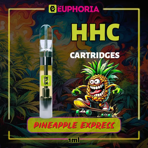 Un HHC Cartuș Vape de la E-Euphoria România, conținând 1ml cu 95% HHC și miros de terpene Pineapple Express, aromă de ananas și pin pământiu pentru un efect revigorant, creativ.