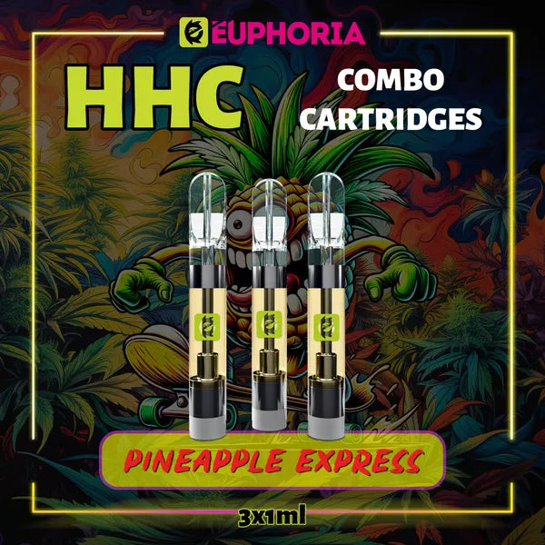 Trei HHC Cartuș Vape de la E-Euphoria România, conținând 1ml cu 95% HHC și miros de terpene Pineapple Express, ananas și pin pământiu pentru un efect revigorant, creativ.