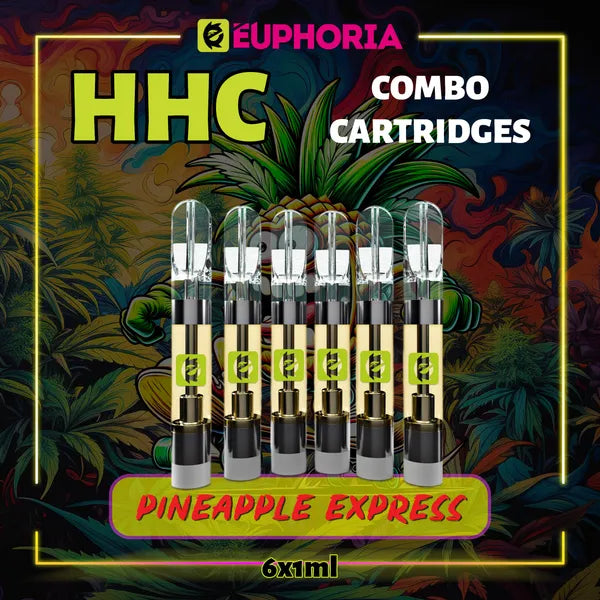 Şase HHC Cartuș Vape de la E-Euphoria România, conținând 1ml cu 95% HHC și miros de terpene Pineapple Express, ananas și pin pământiu pentru un efect revigorant, creativ.