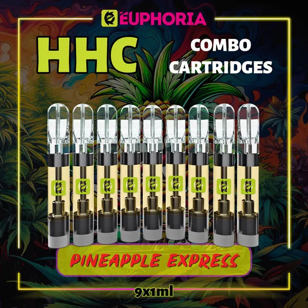 Nouă HHC Cartuș Vape de la E-Euphoria România, conținând 1ml cu 95% HHC și miros de terpene Pineapple Express, ananas și pin pământiu pentru un efect revigorant, creativ.