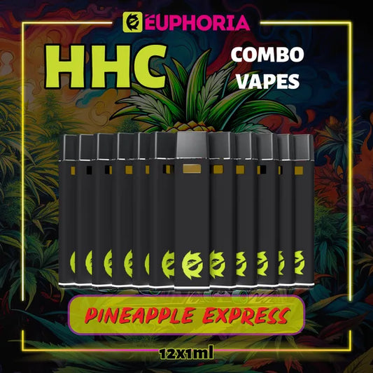 Doisprezece HHC Vape de la E-Euphoria România, conținând 1ml cu 95% HHC și miros de terpene Pineapple Express, ananas și pin pământiu pentru un efect revigorant, creativ.