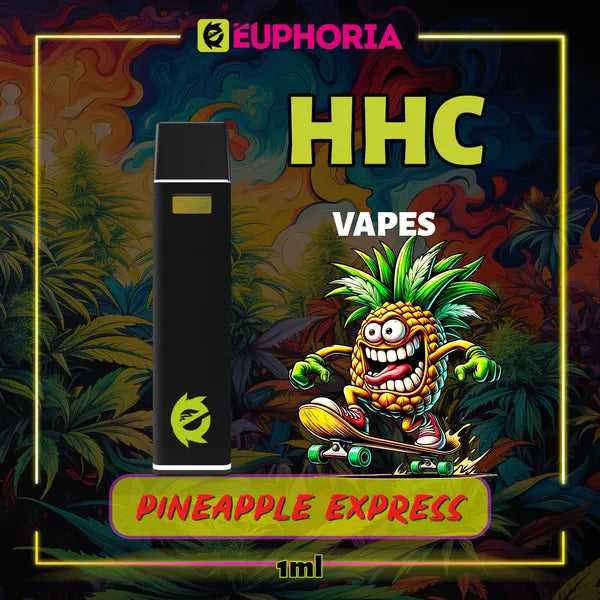 Un HHC Vape de la E-Euphoria România, conținând 1ml cu 95% HHC și miros de terpene Pineapple Express, ananas și pin pământiu pentru un efect revigorant, creativ.