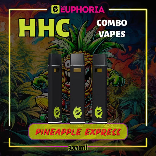 Trei HHC Vape de la E-Euphoria România, conținând 1ml cu 95% HHC și miros de terpene Pineapple Express, ananas și pin pământiu pentru un efect revigorant, creativ.