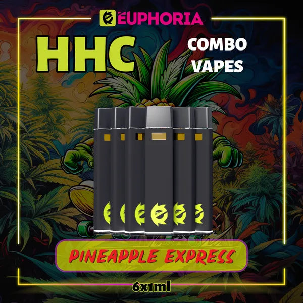 Şase HHC Vape de la E-Euphoria România, conținând 1ml cu 95% HHC și miros de terpene Pineapple Express, ananas și pin pământiu pentru un efect revigorant, creativ.