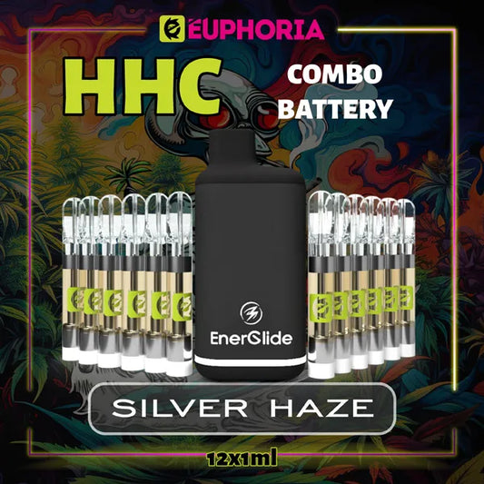 Doisprezece HHC Cartuș Vape + Battery de la E-Euphoria România, conținând 1ml cu 95% HHC și miros de terpene Silver Haze, cu aromă lemnoasă de tutun pentru un efect energic, revigorant.