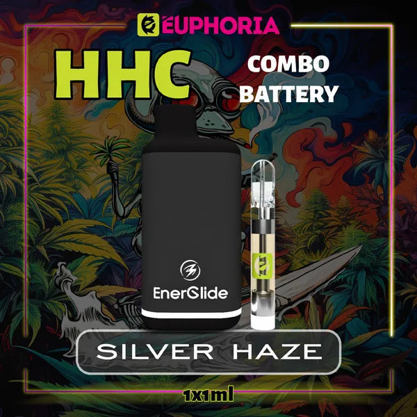 Un HHC Cartuș Vape + Battery de la E-Euphoria România, conținând 1ml cu 95% HHC și miros de terpene Silver Haze, aromă lemnoasă de tutun pentru un efect energic, revigorant.