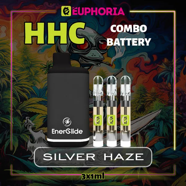 Trei HHC Cartuș Vape + Battery de la E-Euphoria România, conținând 1ml cu 95% HHC și miros de terpene Silver Haze, aromă lemnoasă de tutun pentru un efect energic, revigorant.