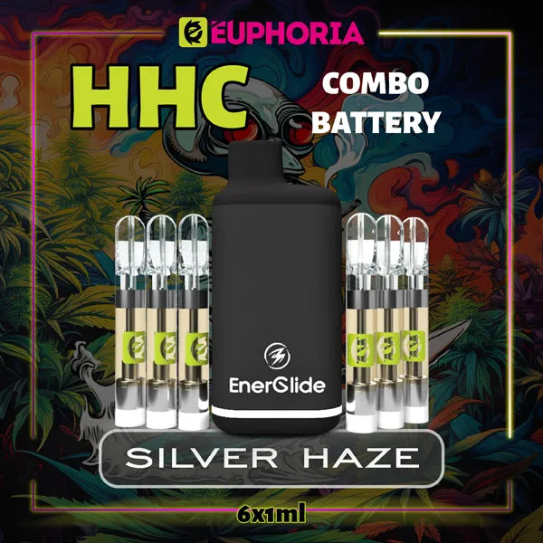 Şase HHC Cartuș Vape + Battery de la E-Euphoria România, conținând 1ml cu 95% HHC și miros de terpene Silver Haze, aromă lemnoasă de tutun pentru un efect energic, revigorant.