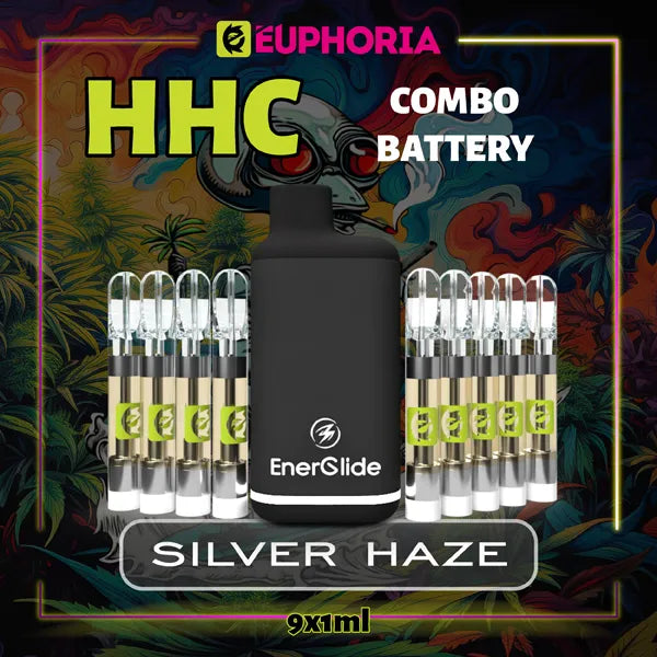 Nouă HHC Cartuș Vape + Battery de la E-Euphoria România, conținând 1ml cu 95% HHC și miros de terpene Silver Haze, aromă lemnoasă de tutun pentru un efect energic, revigorant.