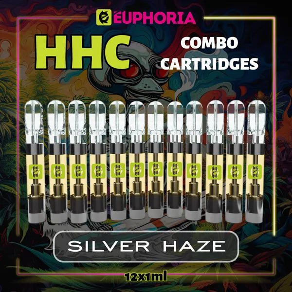 Doisprezece HHC Cartuș Vape de la E-Euphoria România, conținând 1ml cu 95% HHC și miros de terpene Silver Haze, aromă lemnoasă de tutun pentru un efect energic, revigorant.