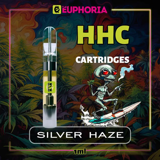 Un HHC Cartuș Vape de la E-Euphoria România, conținând 1ml cu 95% HHC și miros de terpene Silver Haze, aromă lemnoasă de tutun pentru un efect energic, revigorant.