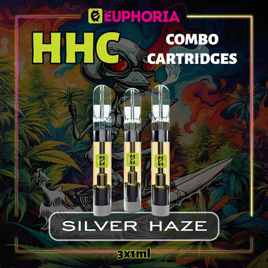 Trei HHC Cartuș Vape de la E-Euphoria România, conținând 1ml cu 95% HHC și miros de terpene Silver Haze, aromă lemnoasă de tutun pentru un efect energic, revigorant.