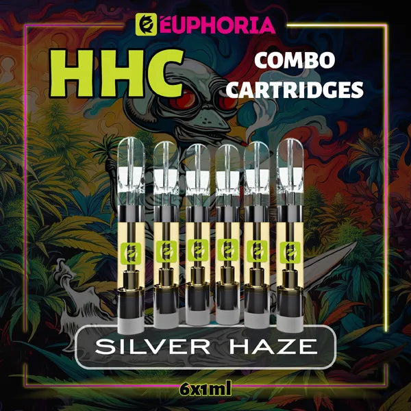 Şase HHC Cartuș Vape de la E-Euphoria România, conținând 1ml cu 95% HHC și miros de terpene Silver Haze, aromă lemnoasă de tutun pentru un efect energic, revigorant.