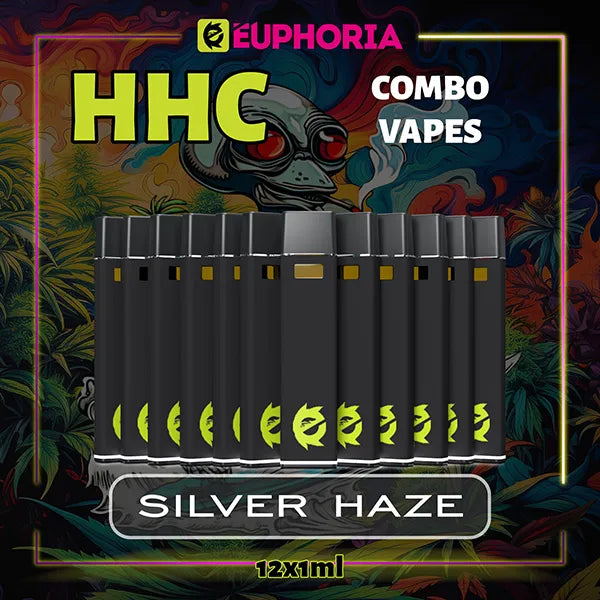 Doisprezece HHC Vape de la E-Euphoria România, conținând 1ml cu 95% HHC și miros de terpene Silver Haze, aromă lemnoasă de tutun pentru un efect energic, revigorant.