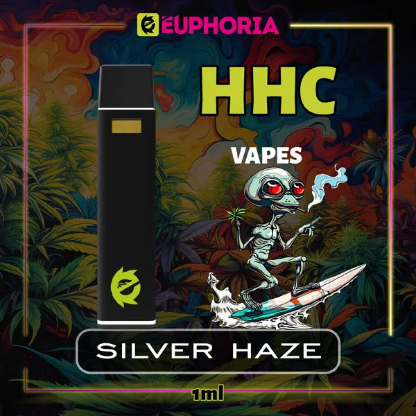 Un HHC Vape de la E-Euphoria România, conținând 1ml cu 95% HHC și miros de terpene Silver Haze, aromă lemnoasă de tutun pentru un efect energic, revigorant.