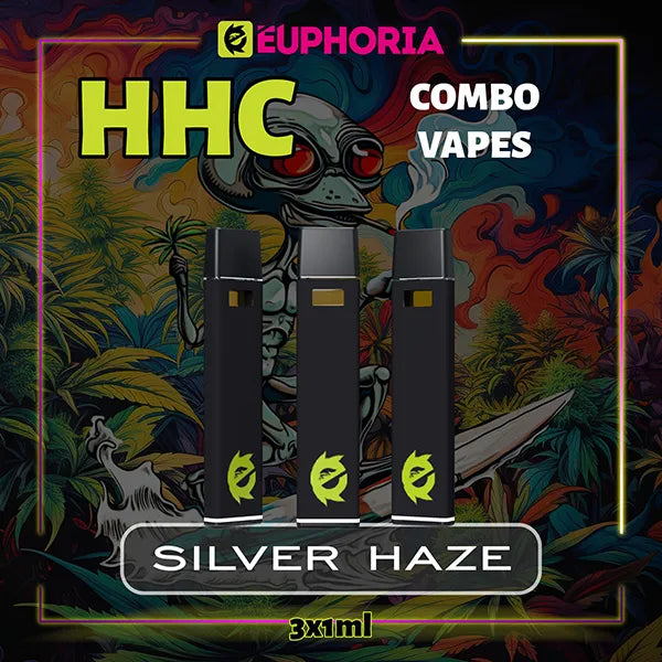 Trei HHC Vape de la E-Euphoria România, conținând 1ml cu 95% HHC și miros de terpene Silver Haze, cu aromă lemnoasă de tutun pentru un efect energic, revigorant.