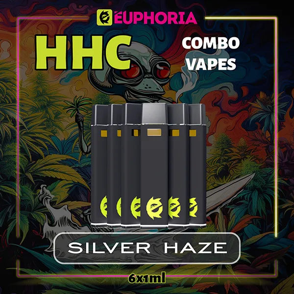 Şase HHC Vape de la E-Euphoria România, conținând 1ml cu 95% HHC și miros de terpene Silver Haze, aromă lemnoasă de tutun pentru un efect energic, revigorant.