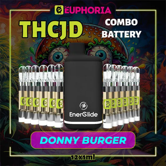 Doisprezece THCJD Cartuș Vape + Battery de la E-Euphoria România, conținând 1ml cu 90% THCJD și miros de terpene Donny Burger, aromă de cedru pentru un efect calmant, fericit.