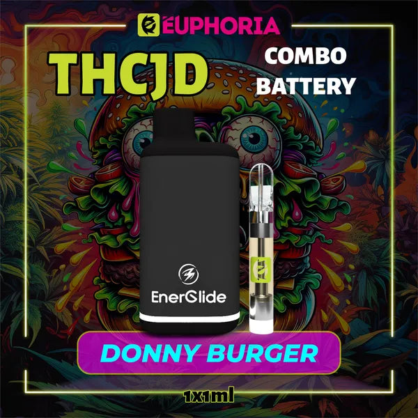 Un THCJD Cartuș Vape + Battery de la E-Euphoria România, conținând 1ml cu 90% THCJD și miros de terpene Donny Burger, aromă de cedru pentru un efect calmant, fericit.