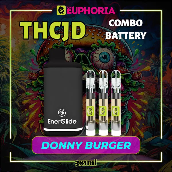 Trei THCJD Cartuș Vape + Battery de la E-Euphoria România, conținând 1ml cu 90% THCJD și miros de terpene Donny Burger, aromă de cedru pentru un efect calmant, fericit.